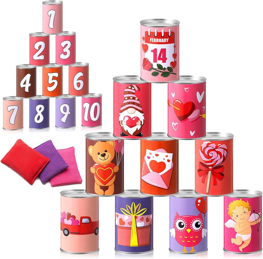 Libima 13 Pcs Valentines Day Game Carnival Party Bean Bag Toss Sturdy Knockdown Outdoor Can Party Game with 10 Tin Cans and 3 Bean Bags for Outdoor and Indoor(Pink)