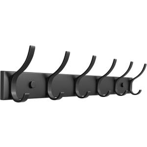 Coat Rack Wall Mount with 6 Hooks (Black, 1 Pack), Heavy Duty Coat Hooks Wall Mount for Entryway, Bedroom, Closet, Wall Hooks for Hanging Hats, Bags, Purses