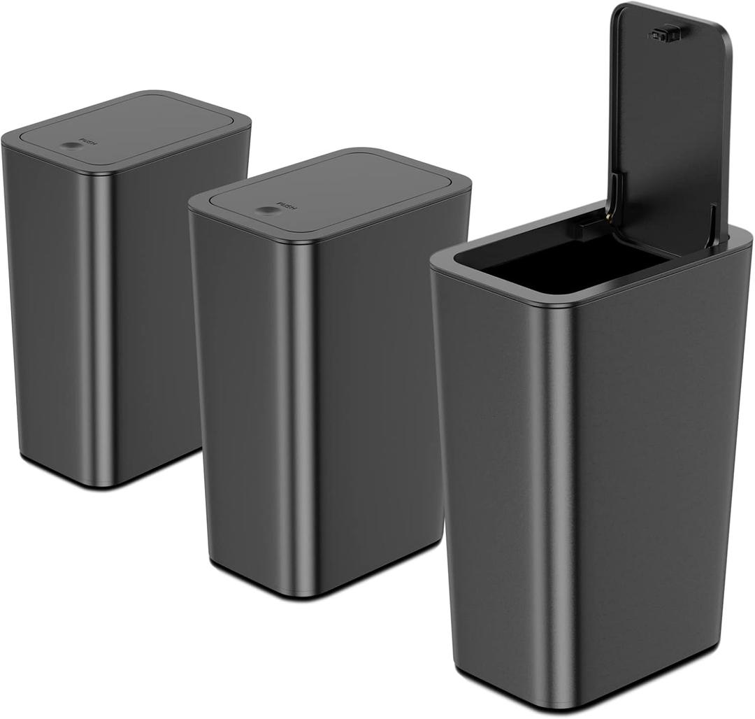 N. NETDOT 3 Pack 10 L/2.6 Gal Bathroom Trash Can with Lid, Small Kitchen Trash Bin with Press Type Lid, Black Trash Can/Slim Garbage Cans/Trash Bin/Waste Basket for Bathroom,Kitchen,Office,Bedroom
