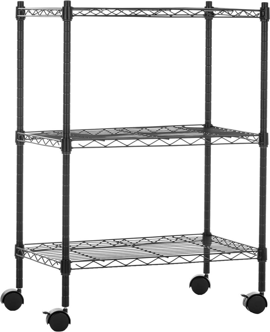 Amazon Basics 3-Shelf Adjustable, Heavy Duty Storage Shelving Unit on 2'' PP Plastic Wheel Casters, Metal Organizer Wire Rack, 23.2" L x 13.4" W x 32.75" H, Black