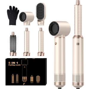 5 in 1 Hair Dryer Brush Set, Negative Ion Blow Dryer Brush Upgrade Hot Air Brush Air Styler Curling Wrap Air Curler, Curling Iron Hair Styling Tools As A Gift for Straight/Curl/Drying/Smoothing (Beige Gold)