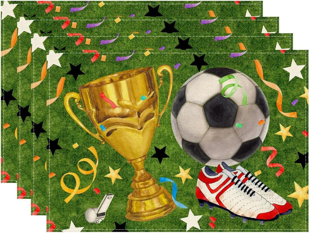 3 x XCHI Soccer Theme Grass Trophy Sneakers Placemats Set of 4 Table Mats for Game Day Soccer Party Home Kitchen Dining Table Decorations 12x18 Inch