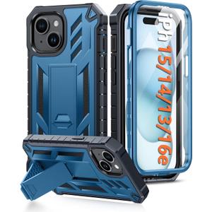 FNTCASE for iPhone 15 Case: for iPhone 14 Case & iPhone 13 Case [Builtin Screen Protector & Kickstand] [Military Grade Drop Protection] Heavy Duty Full Protective Shockproof TPU Phone Cover  Blue