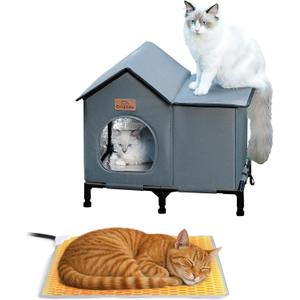 Weatherproof Heated Cat House for Outdoor in Winter, Elevated Outdoor Cat Shelter for Feral Cat, Insulated Cat Bed for Outside Stray Cat Kitty, 20x13x16 inches, Grey, Heated