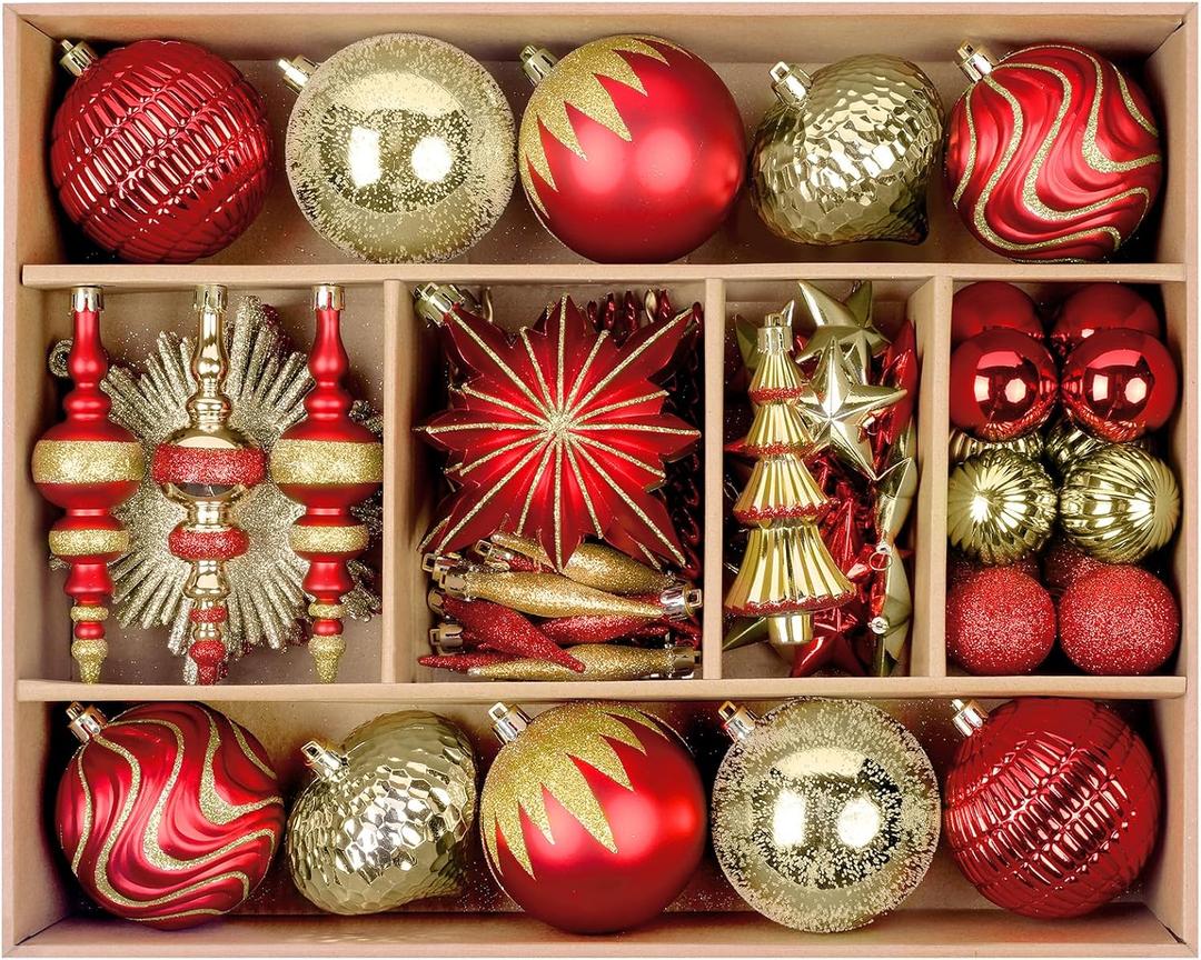 SHareconn 80pcs Christmas Balls Ornaments Set, Contemporary Light Luxury Gift Set, Shatterproof Plastic Decor for Xmas Tree Holiday Wedding Party Decorations with Hanging Strings, Red and Gold