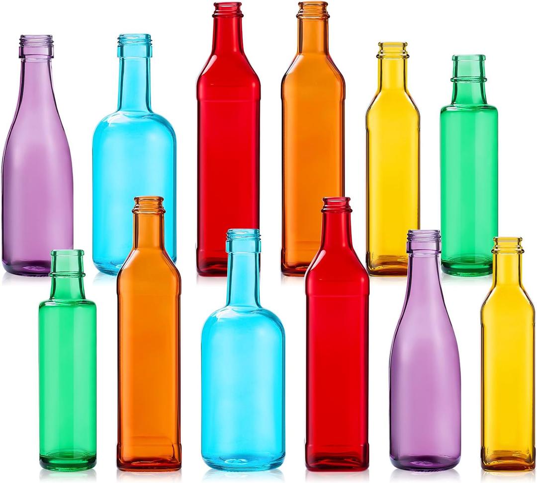 Zhehao 12 Pcs Colored Glass Bottles Colorful Empty Wine Bottles Decorative Glass Bottle for Bottle Tree Garden Yard Outdoor Home Decor(Light Rainbow Color,Square)