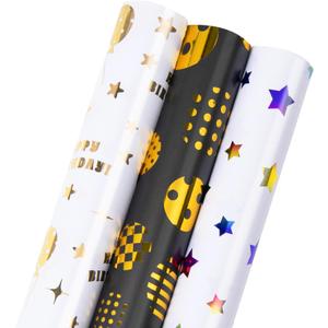 Linnoptimix Birthday Wrapping Paper Rolls -3 LARGE ROLL-27inch*78 inch per roll Colorful Foil wrapping paper (Birthday 1 White/Gold&1 Black/Gold &1White/Colorful Foil（012）)