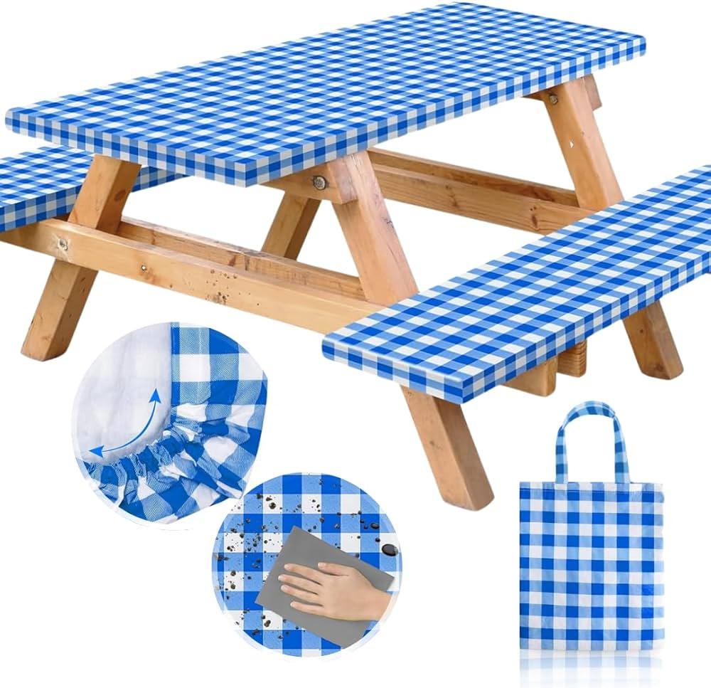 RNOONY Vinyl Fitted Picnic Table Cover with Bench Covers and Bag, Outdoor Waterproof Picnic Tablecloth with Elastic Edges, 96x30 Inches 3 Pcs Set (Blue) RNOONY Vinyl Fitted Picnic Table Cover with Bench Covers and Bag, Outdoor Waterproof Picnic Tablecloth with Elastic Edges, 96x30 Inches 3 Pcs Set (Blue)