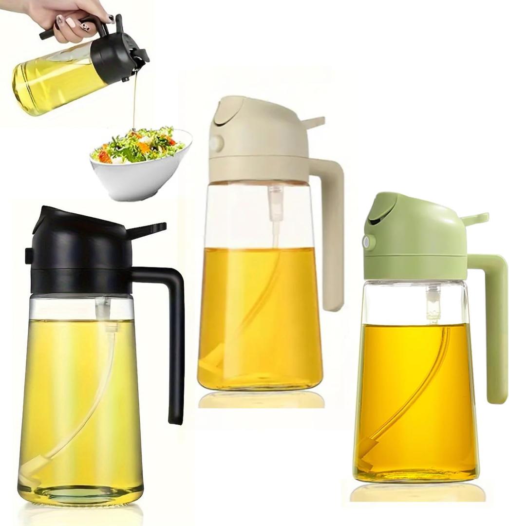 Honimered 3PCS 2 in 1 Oil Sprayer,Oil Dispenser for Kitchen Spray,470ml Olive Bottle,Cooking, Kitchen, Salad, Deep frying, Vinegar, Barbecue Spray Bottle (BLack Beige and Green)