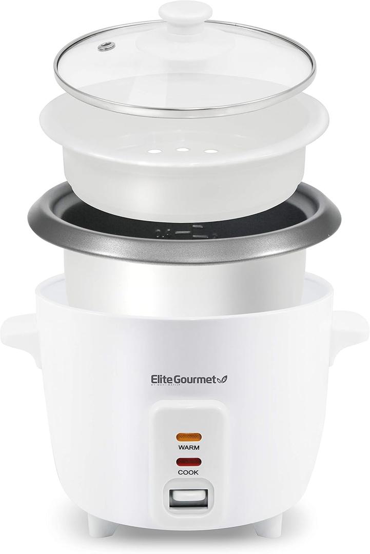 Elite Gourmet Electric Rice Cooker with Steam Tray and Non-Stick Inner Pot Makes Soups, Stews, Grains, Cereals, Keep Warm Feature, 6 Cups Cooked (3 Cups Uncooked), White