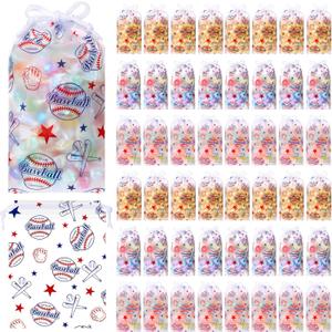 Lemosae 50 Pack Baseball Drawstring Gift Bags Bulk Baseball Treat Goodie Bags Plastic Sport Party Favor Bags for Sports Theme Birthday Baby Shower Party Package Supplies