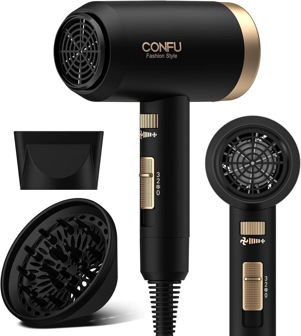 Hair Dryer, CONFU Blow Dryer with Diffuser, 21000PRM Professional Hairdryer, Portable Lightweight Fast Drying Negative Ionic Blow Dryer, Hair Diffuser for Curly Hair for Home Travel (Black)