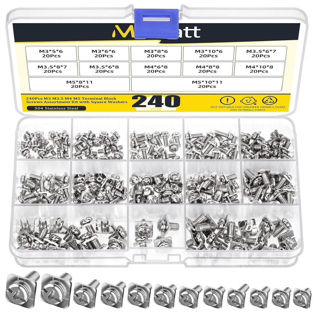 240Pcs 12 Sizes Terminal Block Screws, Nickel Plated Carbon Steel with Square Washers, M3-M5 Metric Dryer Terminal Screws for Fixing Wires