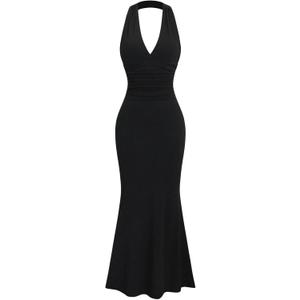 Milumia Women's Halter Neck Bodycon Maxi Dress Elegant Fishtail Long Dresses (Medium, Black)