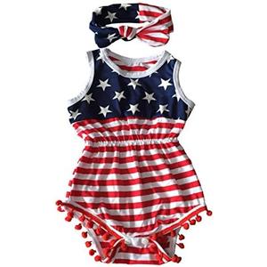 Qin.Orianna 4th of July Toddler Baby Girl American Flag Tassel Romper with Headband