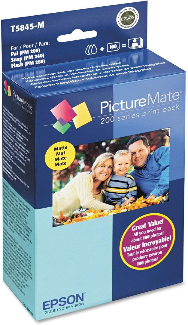 Epson T5845-M PictureMate Print Pack Includes Inkjet Cartridge, 100 Sheets Matte Photo Paper,1 cartridge containing;black,cyan,magenta,yellow