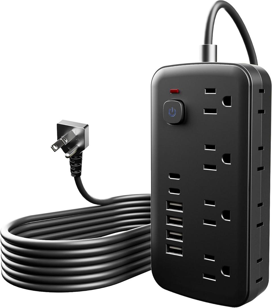 JouleLoom Surge Protector Power Strip - 8 AC Outlets & 6 USB Ports (4A/2C), 1080J Extension Cord with Multiple Outlets, 2-Sided Outlet Extender, 5FT Extension Cord, Wall Mount for Travel, Dorm Room