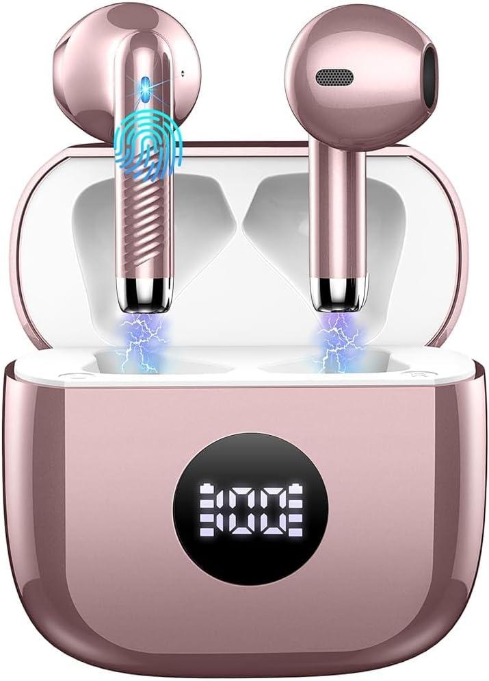 Wireless Earbuds, Bluetooth 5.4 Ear Buds LED Power Display Headphones Bass Stereo, Bluetooth Earbuds in-Ear Noise Cancelling Mic, 40H Playback Mini Case IP7 Waterproof Sports Earphones for Android iOS (Rose Gold)