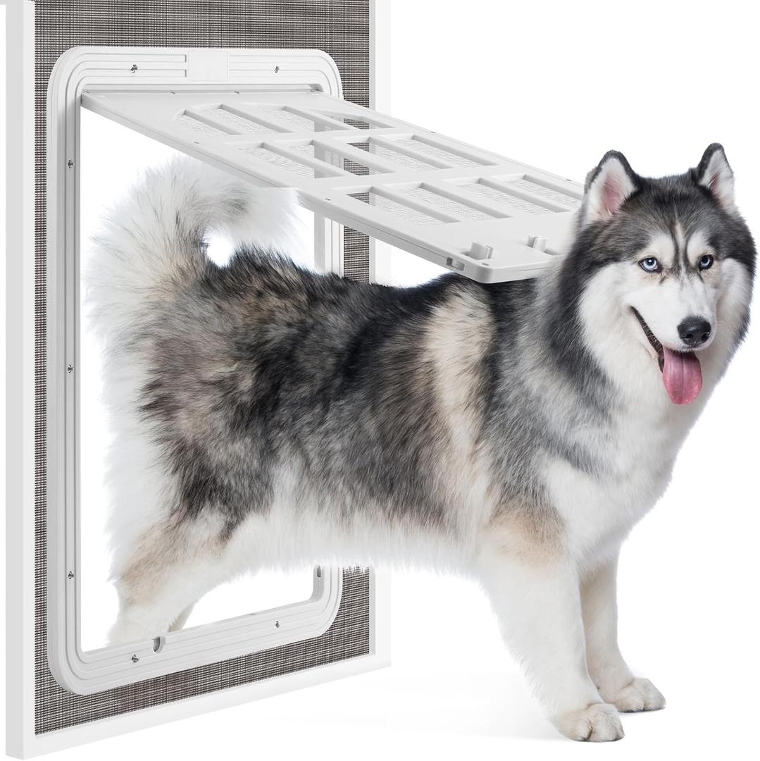 Large Dog Screen Door, 13 x 17 inches Flap Opening Dog Door for Screen Door with 4 Entry Ways, Magnetic Self-Closing Pet Screen Door for Dogs Cats, White