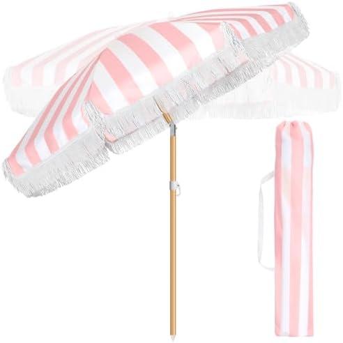 Talltalk 6 ft Outdoor Beach Patio Steering Umbrella with Fringe, Steel Pole, Steel Ribs and Carry Bag Elegant Table UPF 50+ UV Boho Umbrella for Outdoor Picnic Beach Backyard 