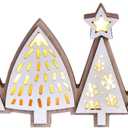 Christmas Tabletop Decorations, Lighted Wooden Christmas Tree Table Decor, Indoor Xmas Tree Block Sign with LED Lights, Farmhouse Winter Holiday Centerpiece for Mantel Shelf (White)