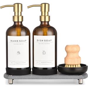 [Luxury] Kitchen Soap Dispenser Set - 16OZ Amber Glass Bottle, Stainless Steel Pump, Instant Dry Tray, Waterproof Labels, Non-Slip Silicone Pad, and Dish Brush | Upgrade for Your Kitchen and Bathroom