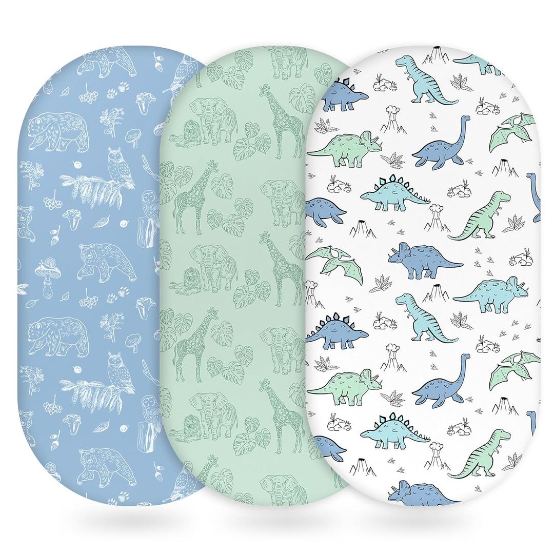 Unnivoll Baby Bassinet Sheets Girl Boy, Fitted Bassinet Sheet Set 3 Pack Bassinet Mattress Sheets Universal Fit for Rectangle, Round, Oval, Hourglass Mattress, Soft Breathable Green & Blue Dinosaur