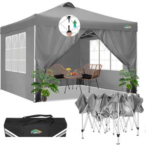COBIZI Canopy Tent 10x10 Pop Up Outdoor Canopies with 4 Sidewalls Waterproof Commercial Instant Gazebo Tents for Party Patio Backyard with 4 Sandbags, 4 Stakes & 8 Ropes, Grey (Gray)