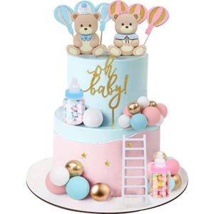 32PCS Bear Gender Reveal Cake Toppers - Mini 3D Blue Pink Bear Milk Bottle Gold Balls Oh Baby Cake Decorations for Boy or Girl He or She Gender Reveal Baby Shower Birthday Party (Bp)