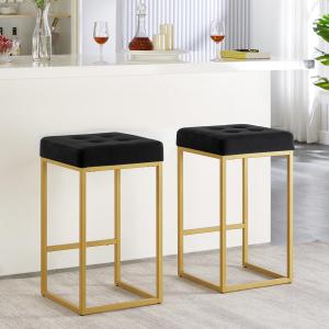 24KF Contemporary Counter Height Bar Stool Set of 2 for Kitchen Island, 26" H Velvet Padded Gold Barstool Bar Chair,5066-Black (Barstool with Square Style Base- 2 Pack)