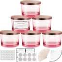 CONNOO 6 Pack 16 oz Candle Jars - 3 Wicks Pink Empty Glass Wide Mouth Candle Jars come with Metal Lids Sticky Warning Labels and a Candle Wick Kit for Candle Making- Dishwasher Safe