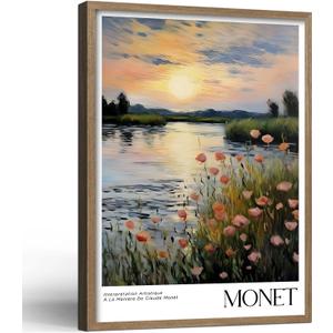 Framed Monet Impressionist Canvas Wall Art Sunset Floral Decor 24X16 Inch