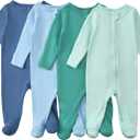Aablexema Baby Pajamas with Mitten Cuffs Zipper 4-Pack Infant Newborn Cotton Long Sleeve Footie Outfit, Size 6-12