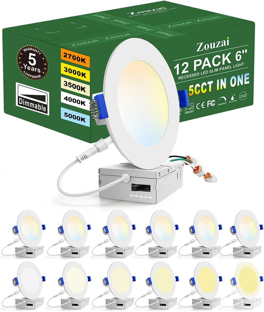zouzai 12 Pack 6 Inch 5CCT Ultra-Thin LED Recessed Ceiling Light with Junction Box, 2700K/3000K/3500K/4000K/5000K Selectable, 12W Eqv 110W,Dimmable, led can Lights- ETL and Energy Star Certified (5CCT 2700K/3000K/3500K/4000K/5000K)