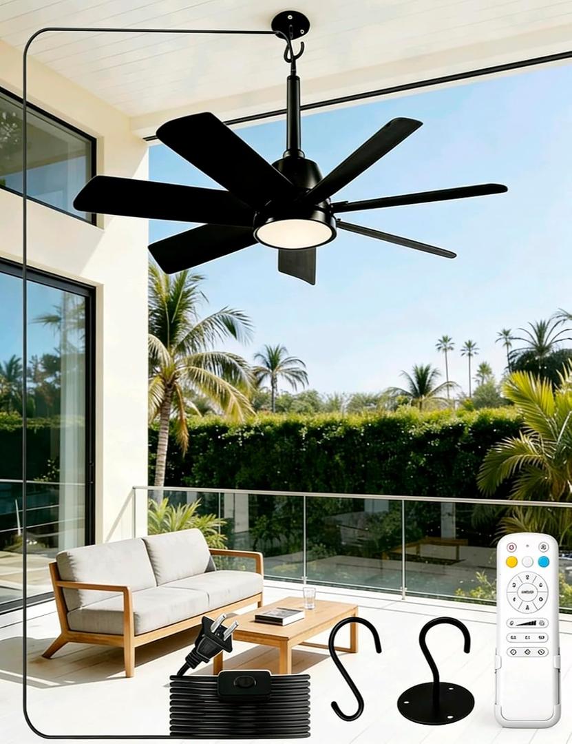 28 Inch Plug-In Outdoor Ceiling Fan with Lights and Remote, LED Gazebo Hanging Fan with Hook, 3CCT 3000K-6500K Dimmable Gazebo Fan, 6-Speed Quiet Ceiling Fan with Timer for Patio, Porch, Garage, Black