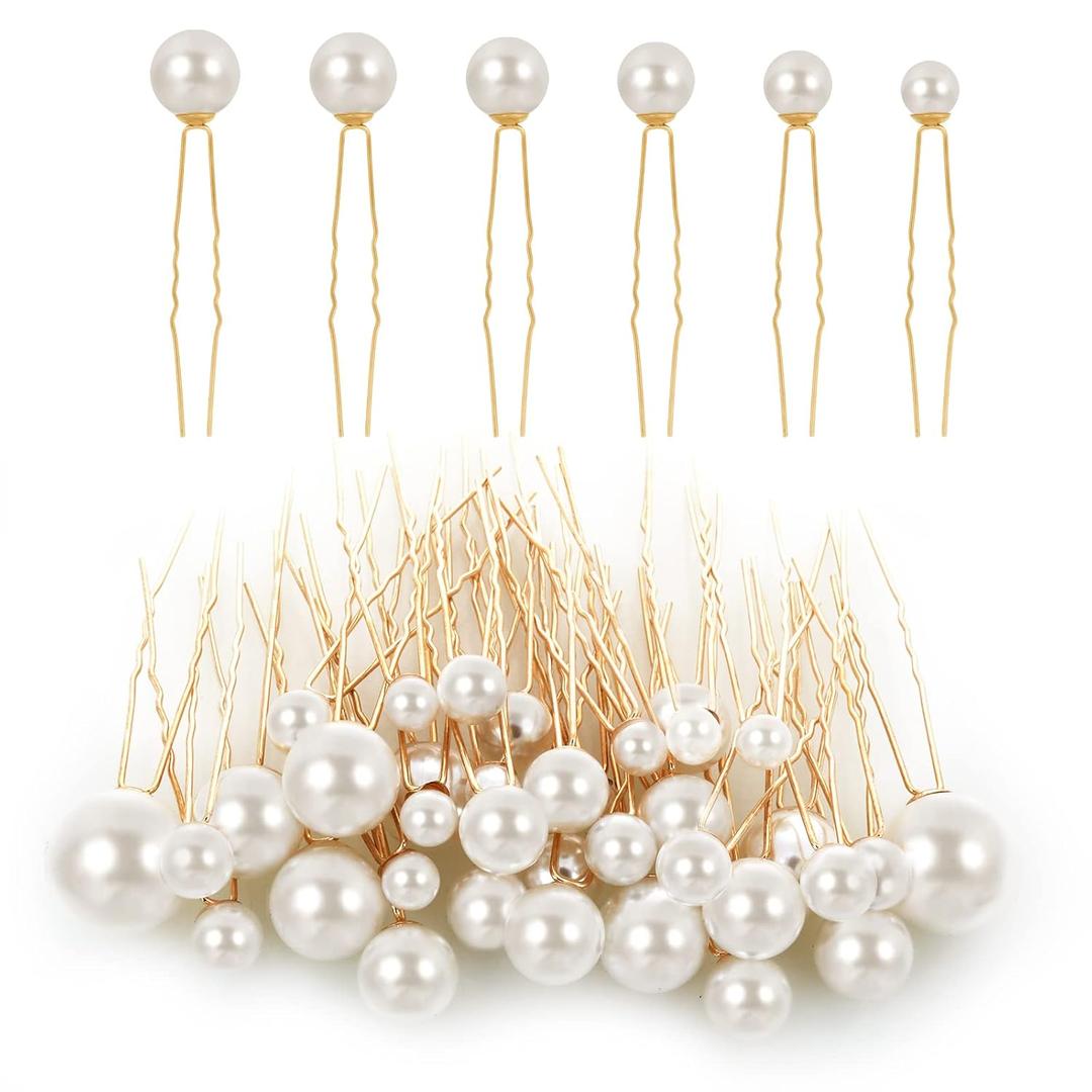 Lusofie 36Pcs Hair Pins with Pearls for Women and Girls - Bridal and Wedding Hairstyles Pearl Bobby Pins (6 Sizes) (White&Gold)