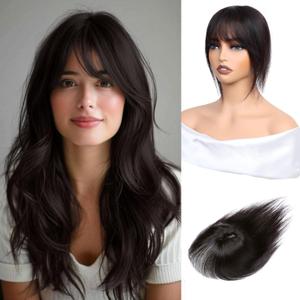 Hair Toppers for Women Clip in Bangs Real Human Hair,30g Brown Black Topper for Women 150% Density Silk Base Clip in Pieces Straight Hair for Thin Hair Daily Use