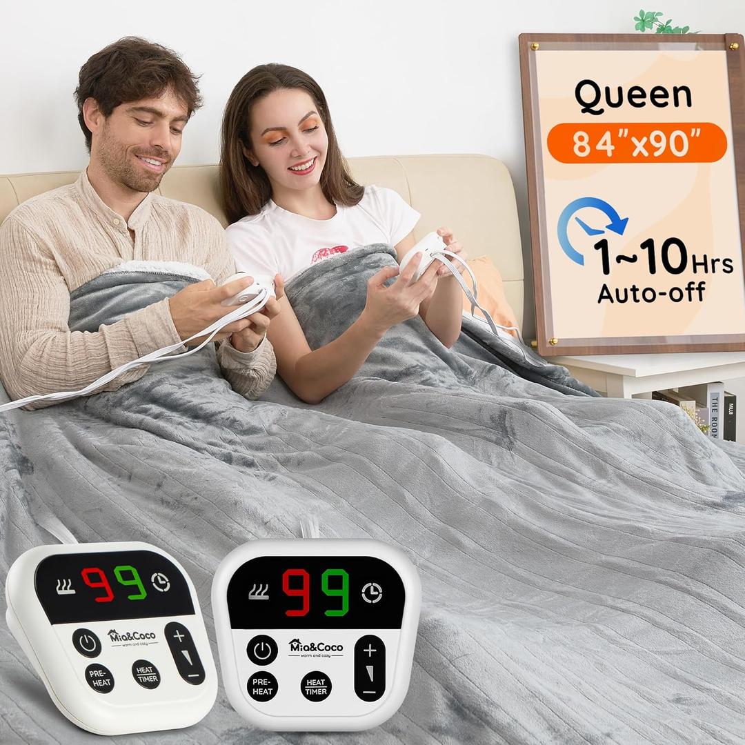 Mia&Coco Heated Blanket Queen Size -84"x90" Dual Control Flannel Electric Blanket,10 Heat Levels,10-Hour Auto-Off,Fast Heating,Overheat Protection, Soft Heating Blanket for Home and Office (Gray) (Grey)