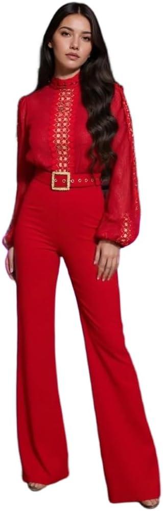 Sexy Sparkly Jumpsuits for Women Formal Elegant Mock Neck Shiny Long Straight Pants Rompers Cocktail Party Outfits (Large, Red)