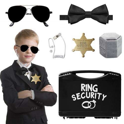 Hipeakboo Ring Bearer Security Wedding Gifts Box Set, Include 1Pcs Sunglasses, Acoustic Earpiece Tube, Security Badge, Wedding Ring Box, Bow Tie for Kids
