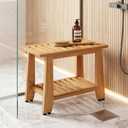 Teak Shower Bench, 24'' Heavy Duty Teak Wood Bathroom Seat, Water-Resistant Spa Bath Stool with Non-Slip Rubber Feet and Storage Shelf for Inside Shower and Outdoor Use, 350 lbs Capacity