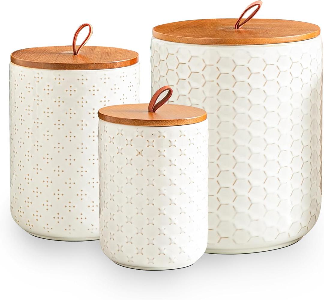 JOJUNO White Ceramic Canister Set with Wooden Lids  3-Piece Airtight Food Storage Jars for Kitchen, Embossed Design, Small/Medium/Large Sizes (30/48/82 oz)  Flour, Sugar, Coffee, Tea Containers