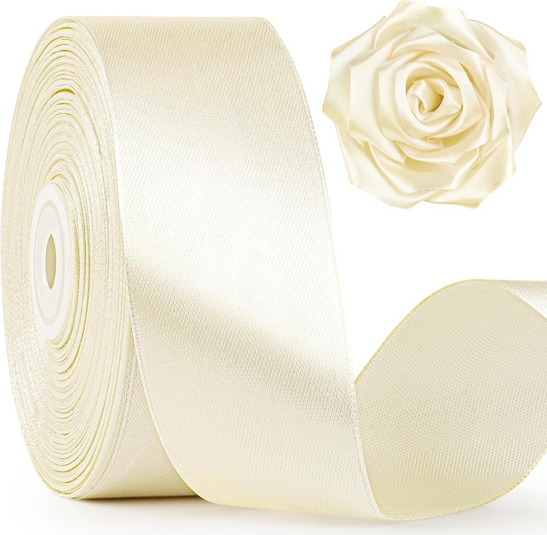 Mauproy 1-1/2 Inch Wide Ivory Satin Ribbon, 50 Yards Solid Polyester Fabric Ribbon for Roses Making, Mother's Day, Gift Wrapping, Flower Bouquets, Wedding Decorations, Handmade Crafts