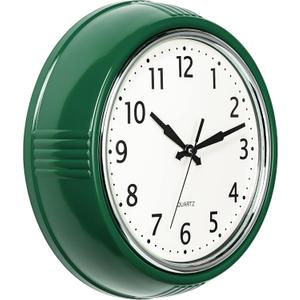 Bernhard Products Retro Wall Clock 9.5 Inch Hunter Green Kitchen 50's Vintage Design Round Silent Non-Ticking Quartz Battery Operated Clocks for Home Office School Classroom Kids Bedroom Living Room