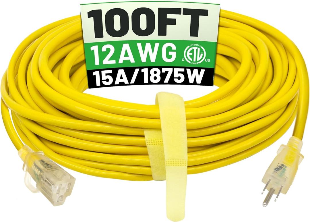 POWGRN 100 ft 12/3 Outdoor Extension Cord Waterproof Heavy Duty with Lighted Indicator End 12 Gauge 3 Prong, Flexible Cold-Resistant Long Power Cord Outside, 15Amp 1875W SJTW Yellow ETL Listed