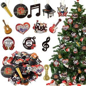 36 Pcs Christmas Musical Instrument Ornaments Wooden Christmas Music Tree Ornament Guitar Piano Microphone Music Note Xmas Tree Hanging Decorations for Birthday Party Supplies