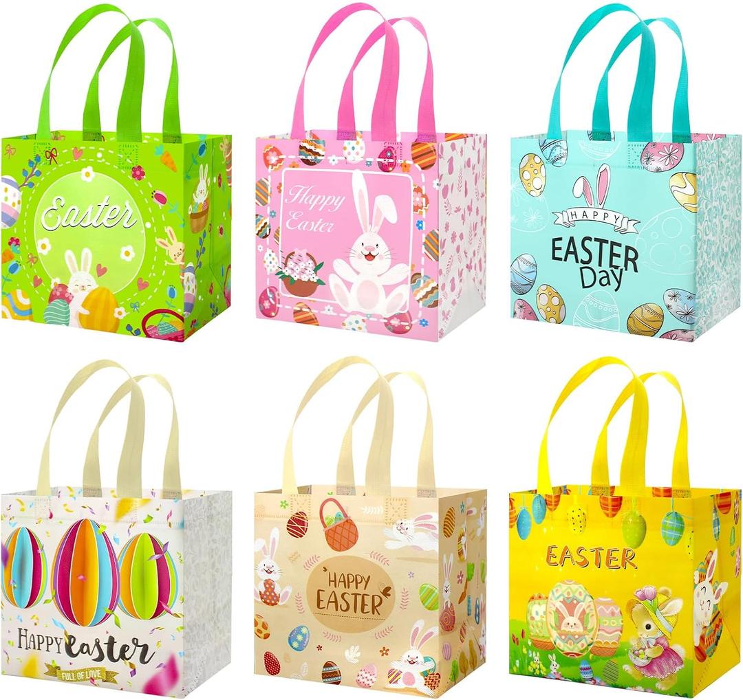 12Pcs Easter Gift Bags Reusable Easter Tote Bags with Handles Multifunctional Non-Woven Easter Bags for Gifts Wrapping, Egg Hunt Game, Easter Party Supplies