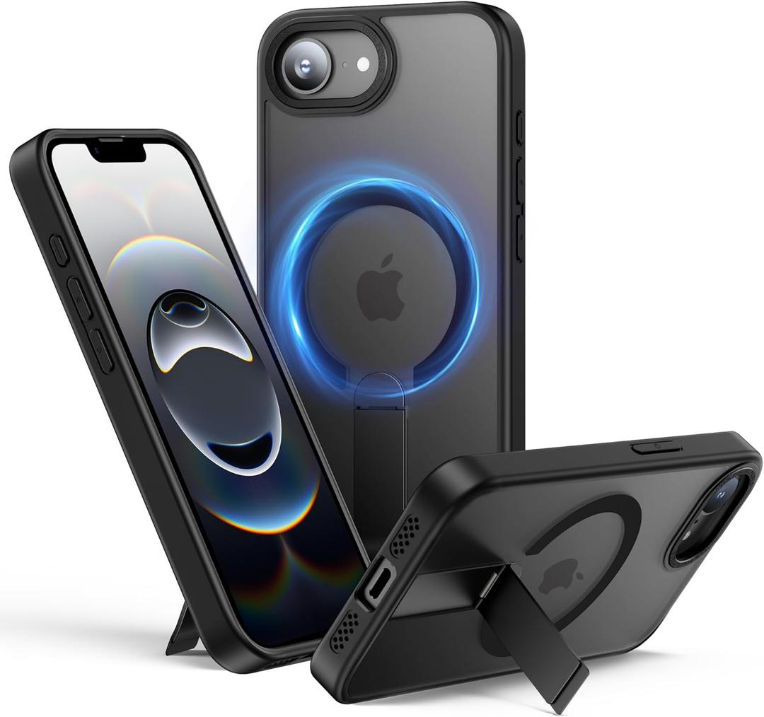 for iPhone 16e Case with Stand, Fit for MagSafe, Slim Translucent Matte Military-Grade Drop Protection Magnetic Kickstand Phone Cover, Black
