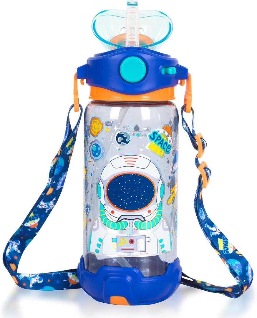 Kids Water Bottle with Straw/Lanyard for School Kids Girls Boys, 22oz BPA Free Child Drinking Water Bottle One-Click-Open Leak-Proof Locking Flip Lid for School Sport Travel