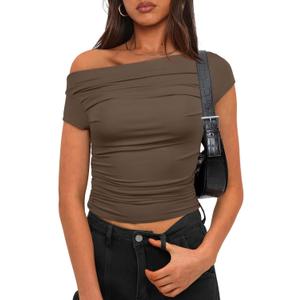 Darong Women's Summer Cap Sleeve Boat Neck Off Shoulder Top Going Out Slim Fit Tops Y2K Tight Shirts, Large